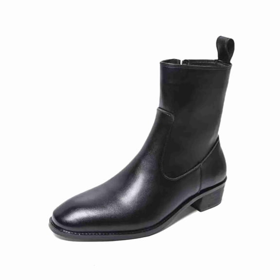 Men's Leather Chelsea Boots, Polished Leather-Look Dress Boots with Side Zipper, Low Block Heel Casual & Formal Short Boots for Men