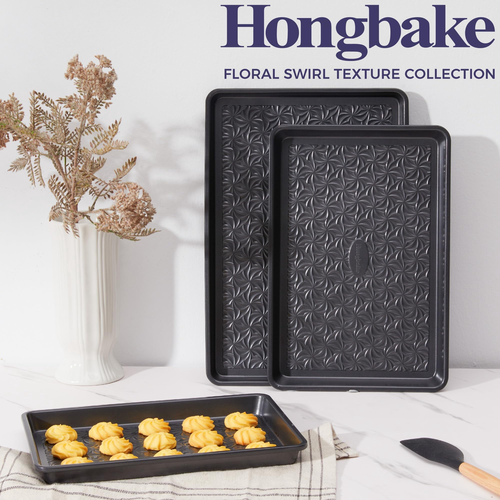 HONGBAKE Nonstick Baking Sheet Pan Set of 3, Cookie Sheets for Baking, Half Sheet, Quarter Sheet & Jelly Roll Pan Set, Heavy Duty Carbon Steel Bakeware, Dark Gray