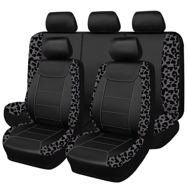 Fundas para asientos de auto Flying Banner, estampado leopardo gris y negro, 8 piezas