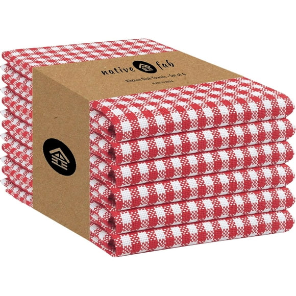 Native Fab 6 Pack Kitchen Towel with Hanging Loop 16x26 inches, Cotton Gingham Check Dish Towels for Cleaning & Drying Dishes, Absorbent Cloth Rags, Bar Towel, Dish Cloth Set, Red White