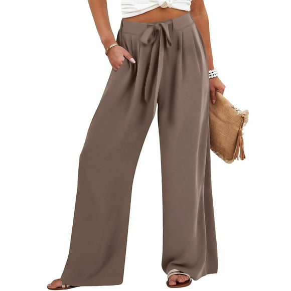 Lenpel Wide Leg Pants for Women High Waisted Tie Front Business Casual Work Trousers Lightweight Palazzo Pants with Pockets