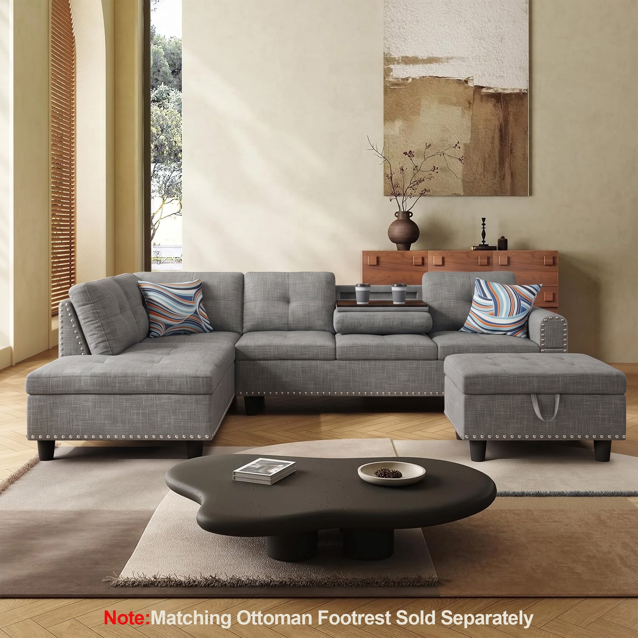 AENKYO 98" L-Shaped Sectional Sofa with Reversible Chaise and Cup Holders, Linen, Gray