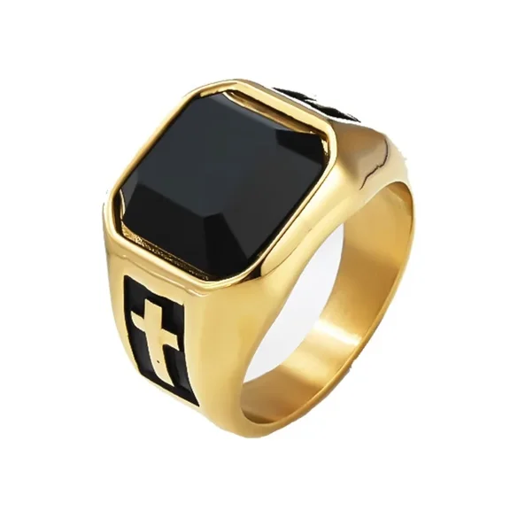 PAURO Men Stainless Steel Cross Ring Black Gemstone Cross Eternity Promise Wedding Band Gold Size 12