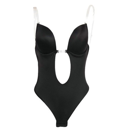 

BYDOT Women Sexy U Plunge Backless Bodysuit Deep V-Neck Seamless Thong Bottom Underwear Padded Push Up Body Shapewear Top for Wedding Party Dress