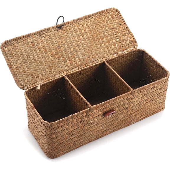 Wicker Storage Basket Woven Rattan Storage Box With Lids Hand Woven Wicker Shelf Baskets Makeup Organizer For Bathroom, Living Room, Kitchen(Khaki)
