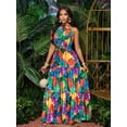 thumbnail image 4 of Womens Multicolor Allover Tropical Leaf Print Halter Neck Maxi Dress With Self-Tie Belt, Flowing Vacation Style, 4 of 8