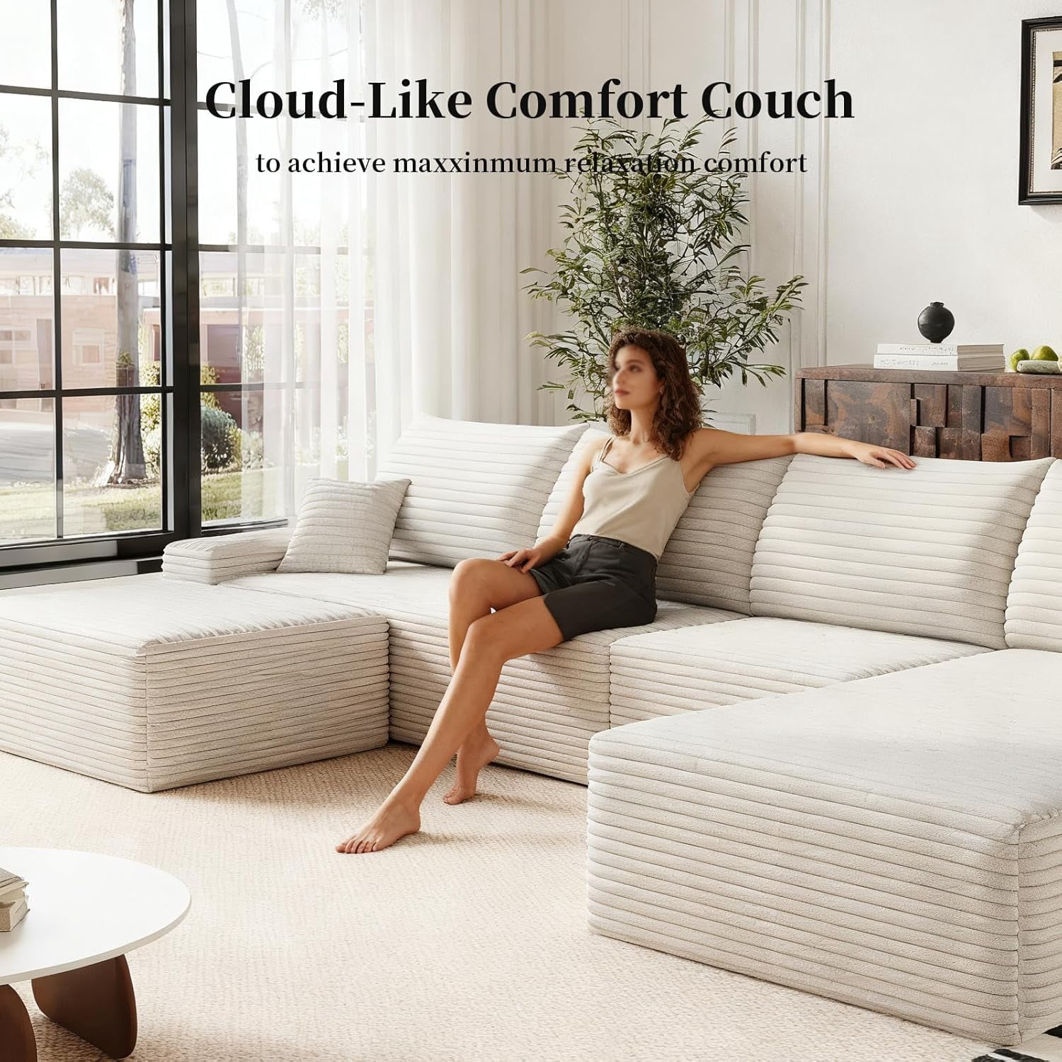 Sailvan 135" Cloud Sectional Couch, Cloudy Sofa with L-Shape Chaise & Ottoman, Upholstered Couches for Living Room & Bedroom, No Assembly Required, Plush Corduroy Fabric, Beige