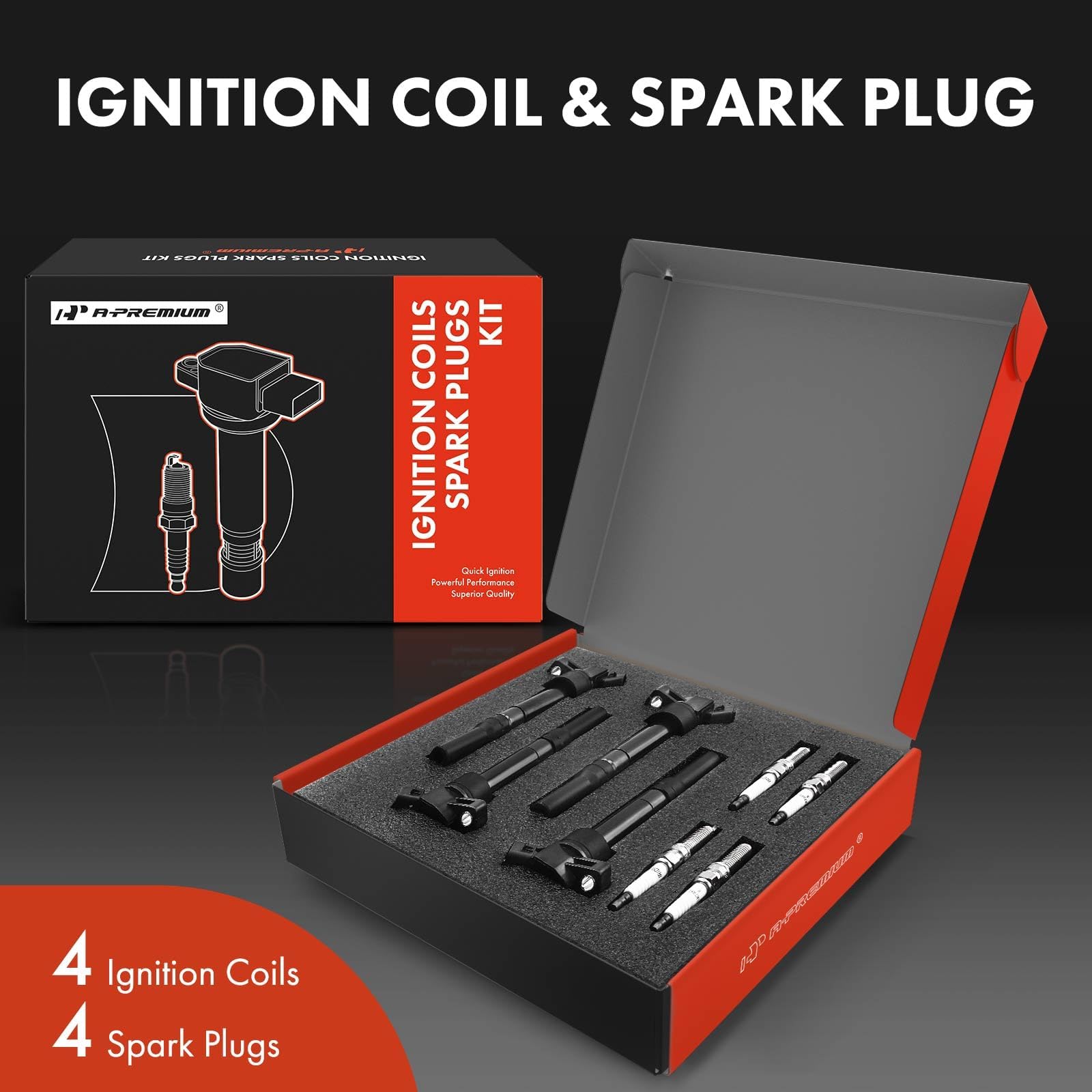 A-Premium Set of 4 Ignition Coil Pack (2-pin) and Iridium Spark Plugs Compatible with Hyundai Elantra 2012-2016 1.8L 4 Cyl, Tucson 2014-2020 2.0L 4 Cyl & Kia Soul 2012-2019 2.0L 4 Cyl