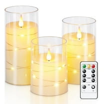 Homemory Flameless Candles with String Lights, Battery Operated Candles, Embedded String Lights LED Candles, Flameless Candles with Remote, Set of 3, Ivory White