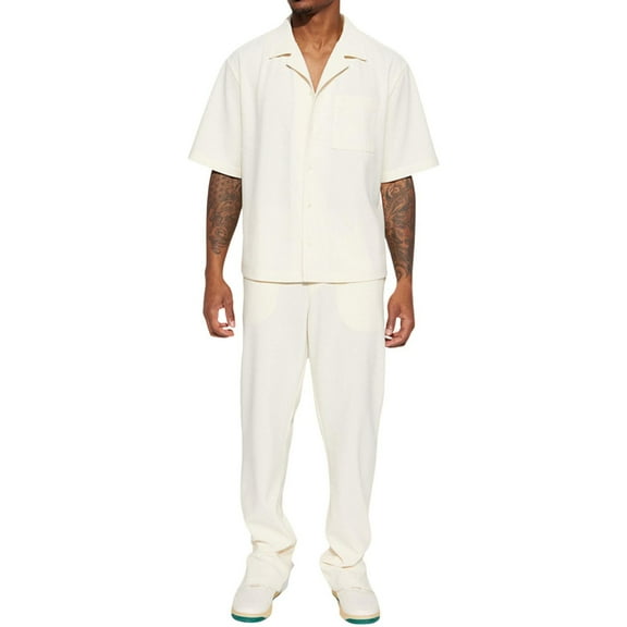 Mens 2 Piece Outfits Silk Crewneck Shirts and Shorts Sets Loose Fit Two Piece Casual Daily Beach Vacation Sets for Men White,XXL