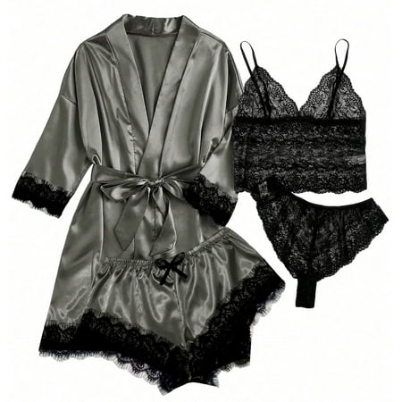 Levmjia Women s Pajama Sets Pajama Tops and Pajama Bottoms 4-Piece Women Sexy Garter Lingerie Set Robes Lace Bodysuit Deep-V Neck Underwear