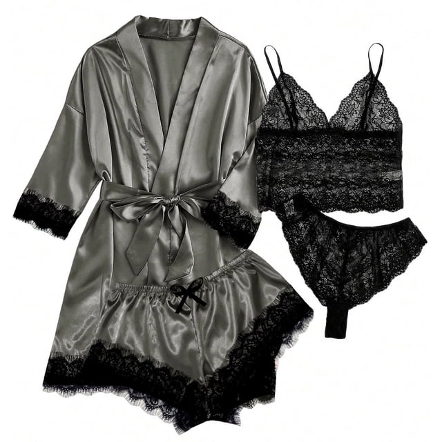 LSLJS 4PC Women Sexy Garter Lingerie Set Robes Lace Bodysuit Deep-V Neck Underwear