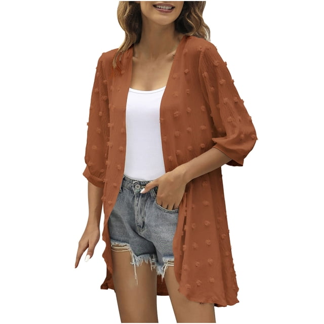 Cárdigan para mujer Cárdigans de otoño Sólido Manga tres cuartos Kimono Suelto Gasa Cubrir Blusa informal Tops Odeerbi ODB-5