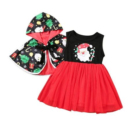 

AIMAOMI Toddler Girls Sleeveless Christmas Cartoon Prints Tulle Princess Dress Hooded Robe Cloak Set H