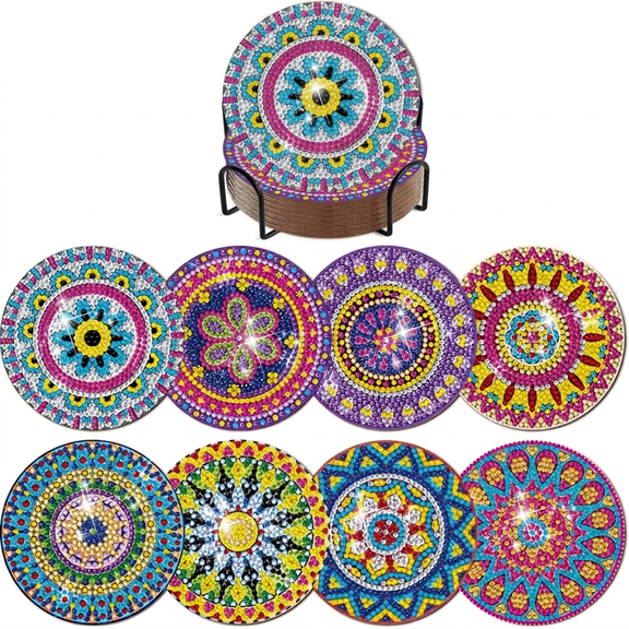 Diamond Art Kits, 8Pcs Mandala Diamond Painting Coasters With Metal Stand Wooden Heat-Insulated Furniture Cups, For Adults Beginners Coffee Table Decor DIY Art Supplies