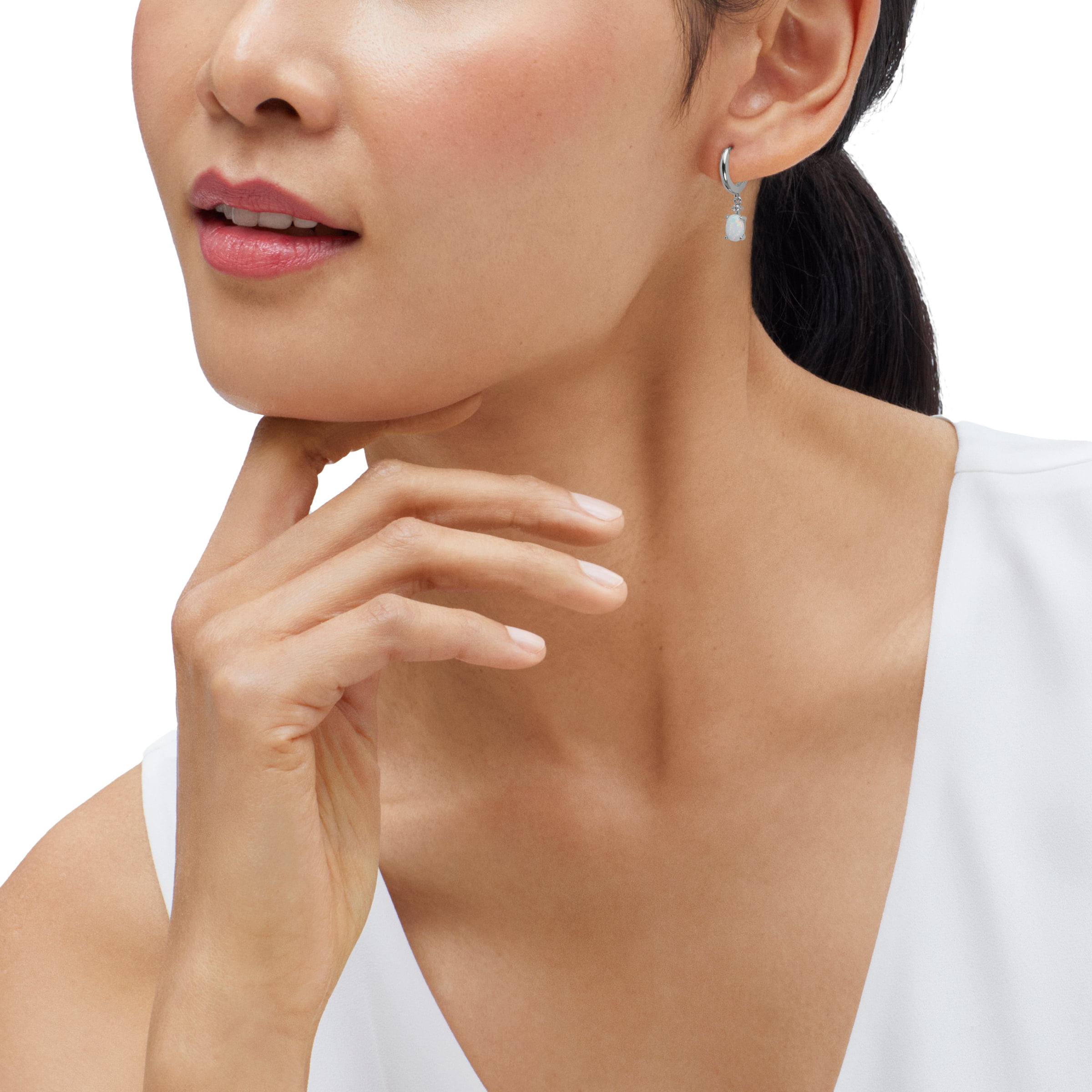 Brilliance Fine Jewelry Oval Created Opal and White Cubic Zirconia Hoop Earrings in Sterling Silver