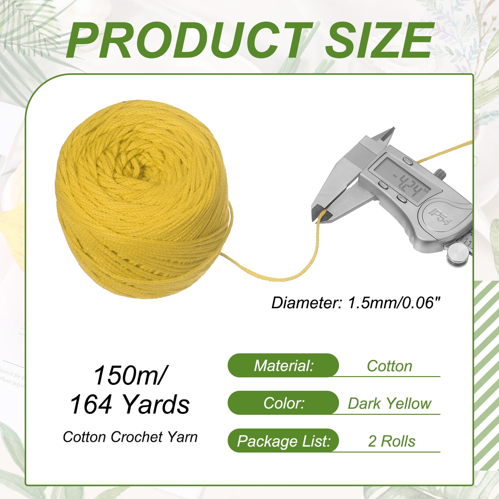 Uxcell 2 Roll Cotton Crochet Yarn, 1.5mm x 164 Yards Macrame Cord Braided Cotton Rope Twine String for Crochet Bag Knitting Crafts Wall Plant Hanging Gift Wrapping, Dark Yellow
