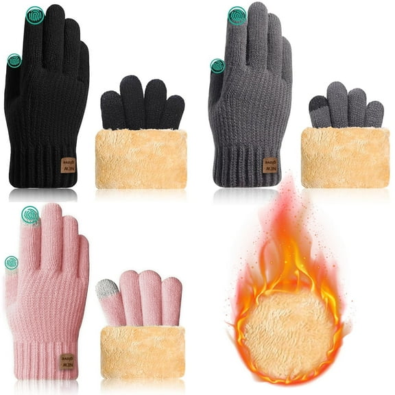 SUCUUI 3 Pairs Wool Winter Gloves Men Women-Thick Wool Fleece Liner, Thermal Knit, Touchscreen, Elastic Cuff Insulated Gloves for Cold Weather Gifts