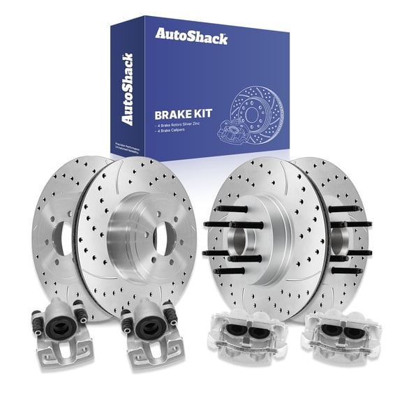 AutoShack Front & Rear Brake Rotors & Calipers for Ford & Lincoln, F-150 2005-2008 Mark LT 2006-2008, RWD V6 4.2L V8 4.6L 5.4L - Silver Zinc Coated Drilled & Slotted - SilverShield Pro