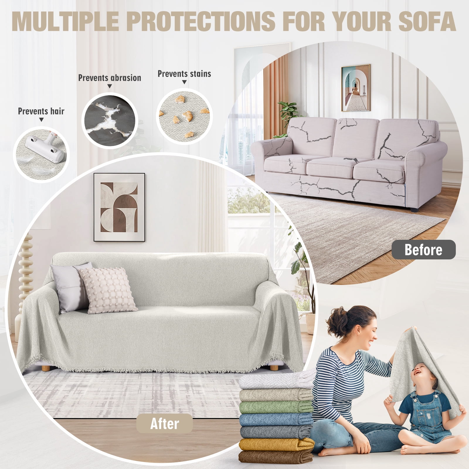 Timeles Couch Covers Washable Loveseat Sofa Covers with Tassels Sofa Blanket Soft and Durable Furniture Protector for Kids Pets (71" x 102", Cream)