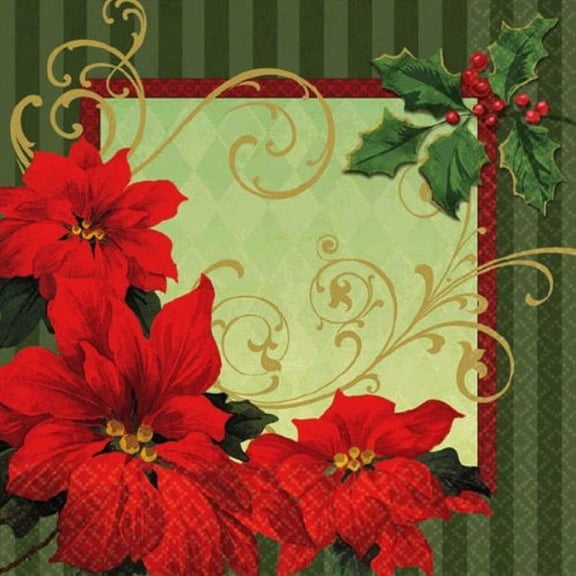 Amscan Vintage Poinsettia Beverage Napkins Christmas Party Tableware (36 Pieces), Red/Green, 5" x 5"