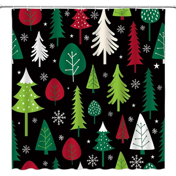 Christmas Shower Curtain Red Green White Xmas Tree Snowflake Retro Merry Christmas Vintage Rustic Winter Holiday Black Bathroom Decor Fabric Curtain with Hooks