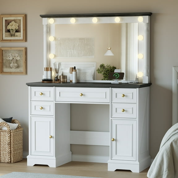 Farmhouse Vanity Desk with 38" Large Mirror and 11 LED Lights & Power Outlet and Roman Column, Vintage Makeup Vanity with 5 Drawers & 2 Storage Cabinets, Wood Dressing Table for Bedroom, White