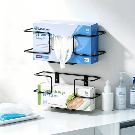 Wall-Mounted Glove Box Holder, 2-Pack Steel Glove Dispenser with Adhesive or Screw Mounting for Medical, Restaurant, Lab, Garage and Home Use