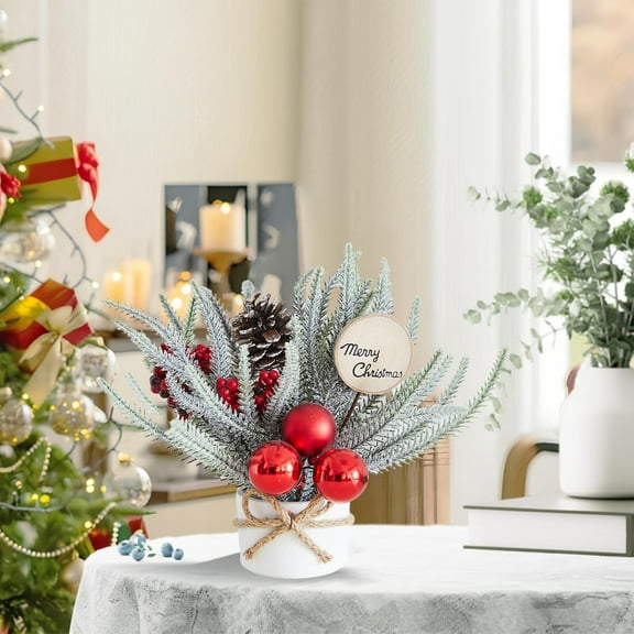 12" Flocked Mini Christmas Tree Decor - Pre-lit Tabletop Holiday Decorations for Bedroom, Office Desk, Winter Home Decor with Berry Ornaments (Green)