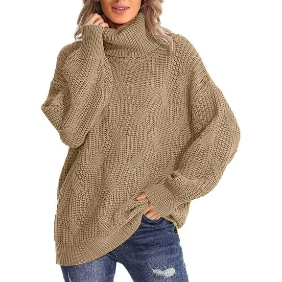 Aboser Chunky Sweaters for Women Loose Turtleneck Cable Knit Sweater Fall Lantern Sleeve Knitted Pullover Comfy Oversized Jumper Tops
