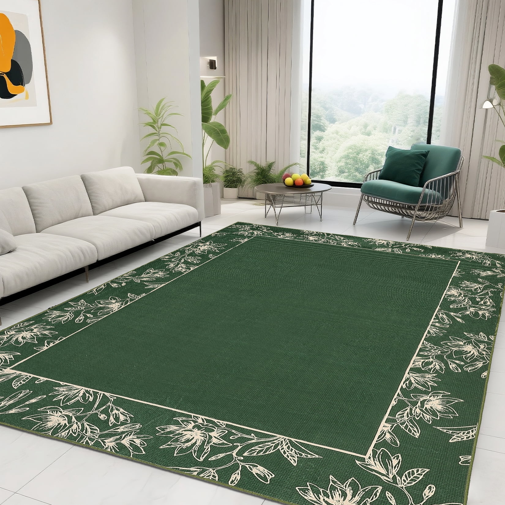 Garvee 10'x13' Solid Floral Area Rugs Modern Bordered Washable Rugs, Soft Non Slip Carpet Low Pile Rug for Living Room Bedroom Home Decor, Green