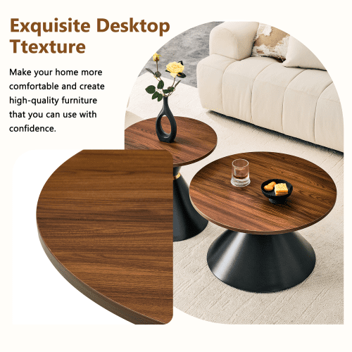 2-Piece Round Nesting Coffee Table Set, Walnut Wood Grain Tabletop with Metal Base, Mid-Century Modern Accent Tables for Living Room Bedroom, Walnut + Black