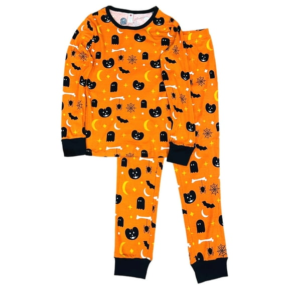 Womens Orange Black Cat Pumpkin Spider Halloween Pajamas Sleep Set Large