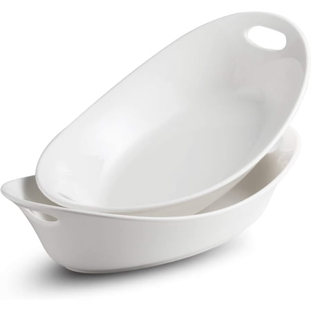 Large Serving Bowl with Handles Set - Oval Platter for Entertaining - 1.5 Quarts - Pro-Grade Porcelain - Microwave & Dishwasher Safe - White