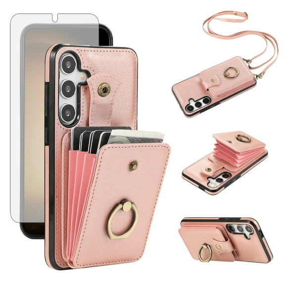 Asuwish Compatible with Samsung Galaxy A56 5G Wallet Phone Case Screen Protector Ring Crossbody Strap Stand Credit Card Holder RFID Cell Cover for A 56 56A LTE Women Girls Rose Gold