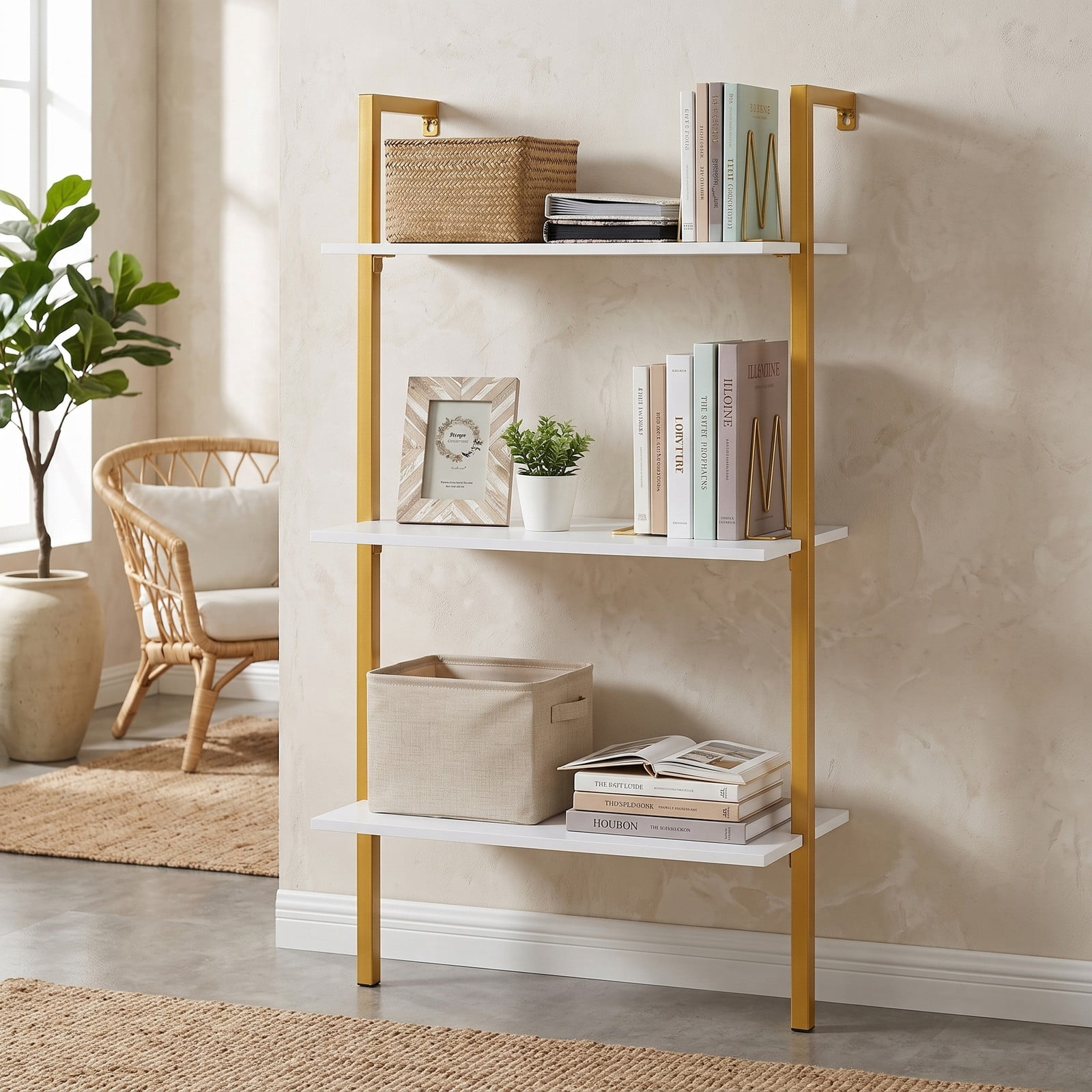 Furnibear 3-Tier Wall Mounted Floating Shelves, Modern Metal Ladder Bookshelf Wood Storage Display Shelving Unit for Kitchen Bathroom Living Room Home, Gold and White