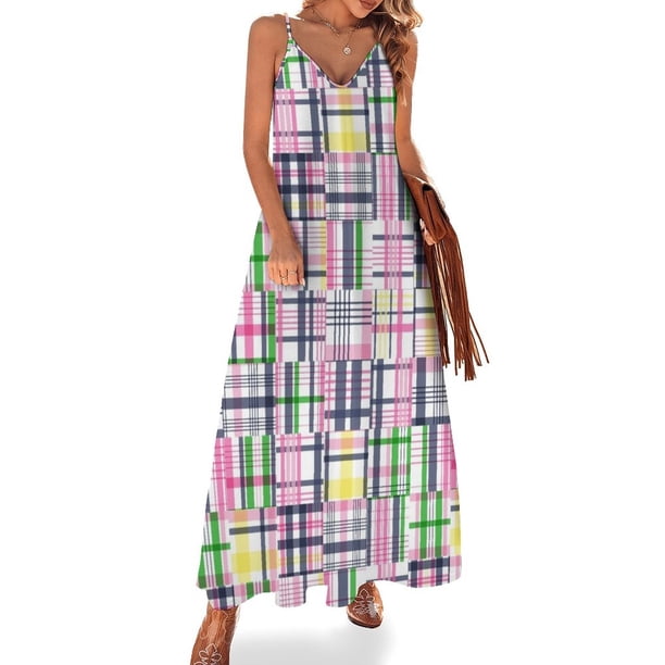 Vestido sin mangas de madrás con patchwork rosa preppy Vestidos de baile Ropa