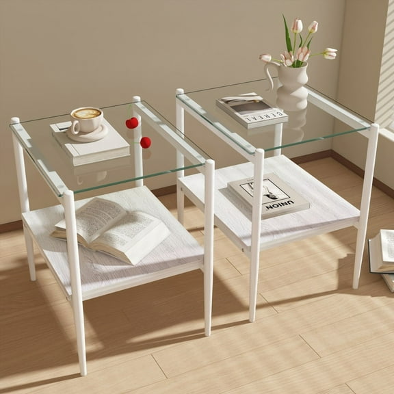 Set of 2 Rectangle End Table | Tempered Glass & MDF | 110lbs Load-bearing