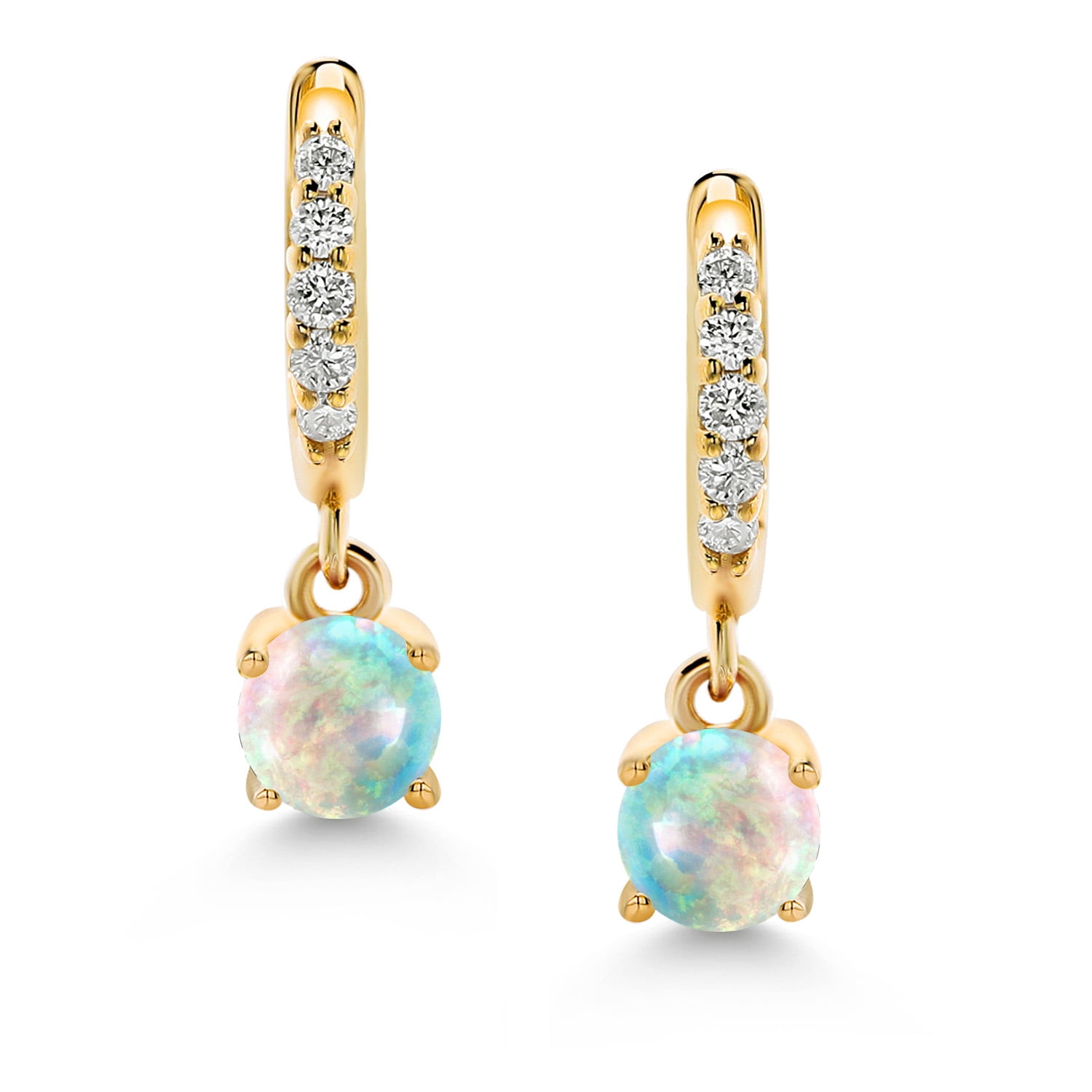 Gem Stone King 10K Yellow Gold White Simulated Opal and White Lab Grown Diamond Dangle Drop Huggie Hoop Earrings for Women (0.60 Cttw, Gemstone October Birthstone, Round Cabochon 4MM)