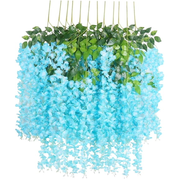 Nvzi-c 12 pcs Artificial Fake Wisteria Vine Ratta Hanging Garland Silk Flowers String Home Party Wedding Decor (Blue)