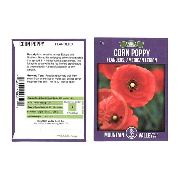 Mountain Valley Seed Company Flanders American Legion 1 Gram Corn Poppy Flower Seeds, Non-GMO
