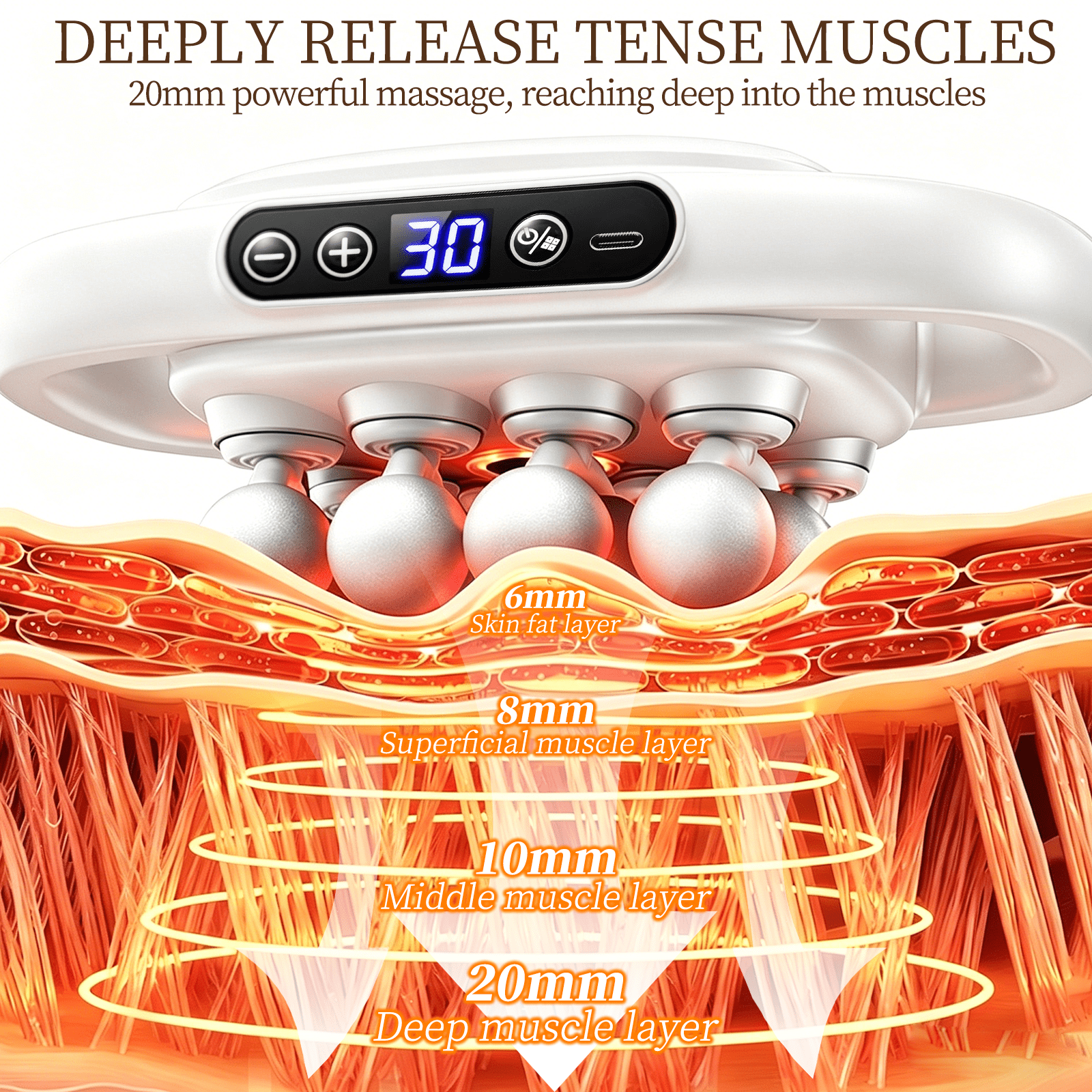 20-Head Deep Tissue Massage Gun, 30 Speeds 3 Modes, 110lb Force, Ultra-Quiet 35dB, Type-C Rechargeable for Full Body Muscle Relaxation