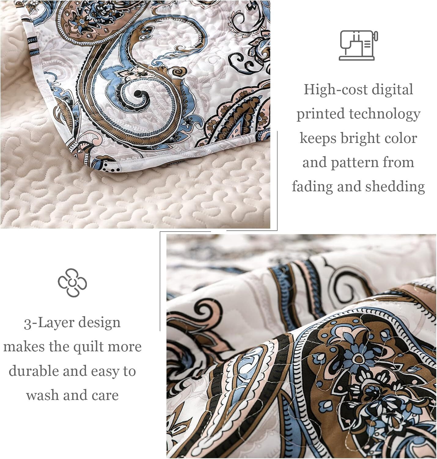 Whale Flotilla Reversible Paisley Quilt Set Queen Size, Lightweight Boho Printed Bedspreads Coverlets Quilts Bedding Set with 2 Pillow Shams for All Seasons, Bone/Grey