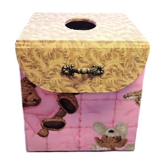 Fabric Covered Tissue Box Holder, Kid's Bedroom Decor, Pink and Brown Teddy Bears