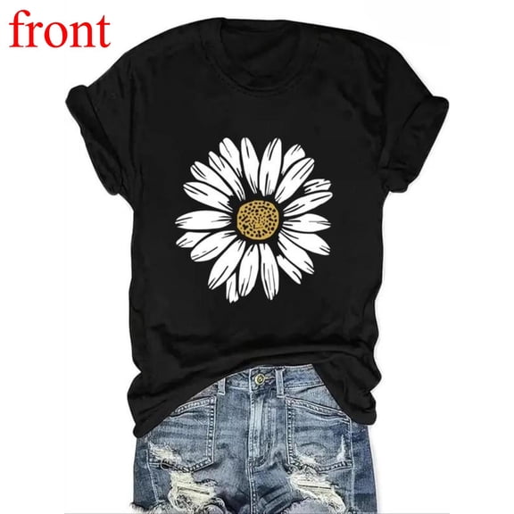 Women Daisy Flower Graphic Comfortable T Shirt Casual Breathable Short Sleeve Round Neck Top Black S-5XL