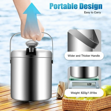 Peakora 304 Stainless Steel Ice Bucket, Cold-Keeping Double Layer Design with Lid and Handle, Space-Saving Ice Tong Holder, Ideal for Parties