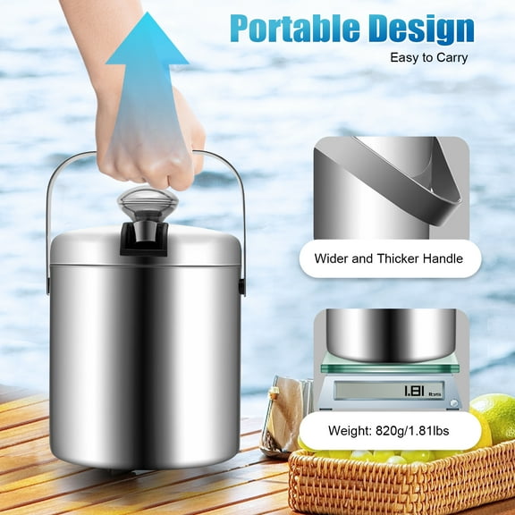 Peakora 304 Stainless Steel Ice Bucket, Cold-Keeping Double Layer Design with Lid and Handle, Space-Saving Ice Tong Holder, Ideal for Parties