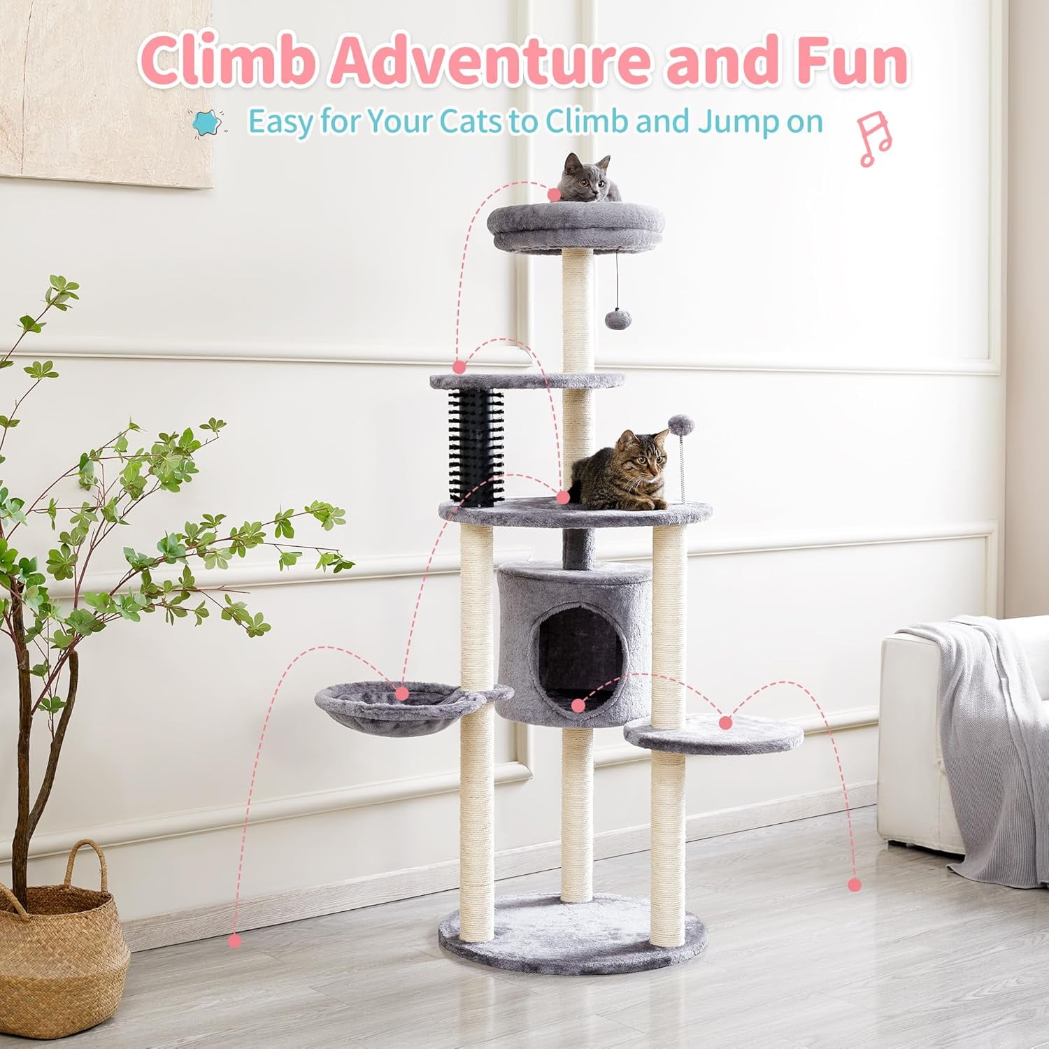 4 PETS Cat Tree for Indoor Cats, 60.2 inch Tall, 5-Level, Modern, Grey, Sisal Scratch Posts, Cat Condo with Hammock, Cat Tower for Large Breeds