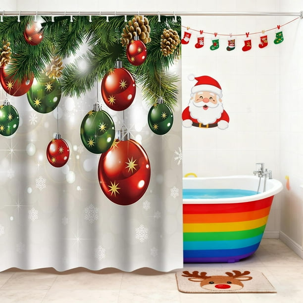 Cortina de ducha navideña con ganchos | Decoración navideña para el baño | Tela de poliéster impermeable con diseños festivos de árboles y bolas