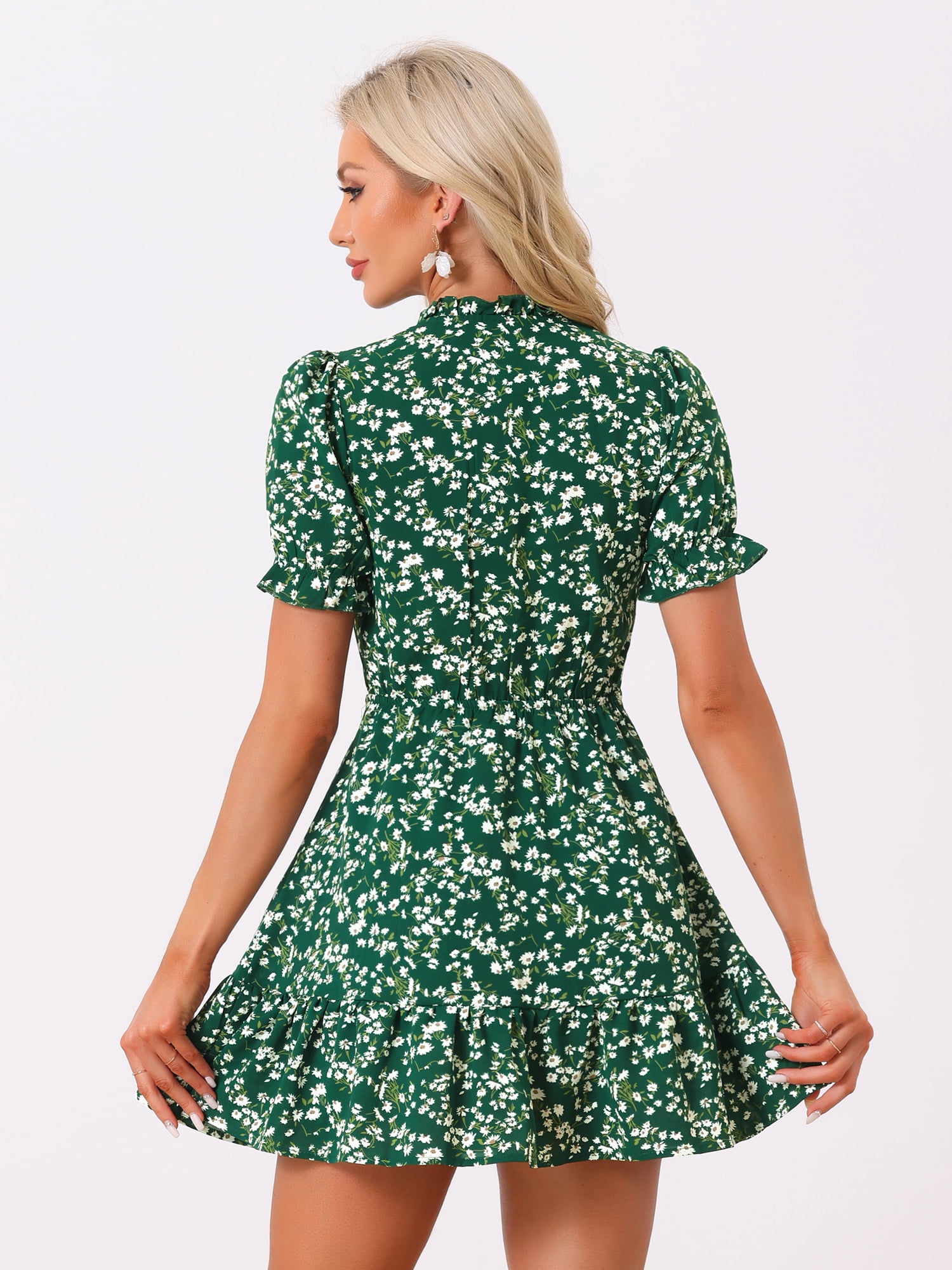DARING DIVA Ruffle Floral Bow Tie Chiffon Puff Fit & Flare Dress M Green White
